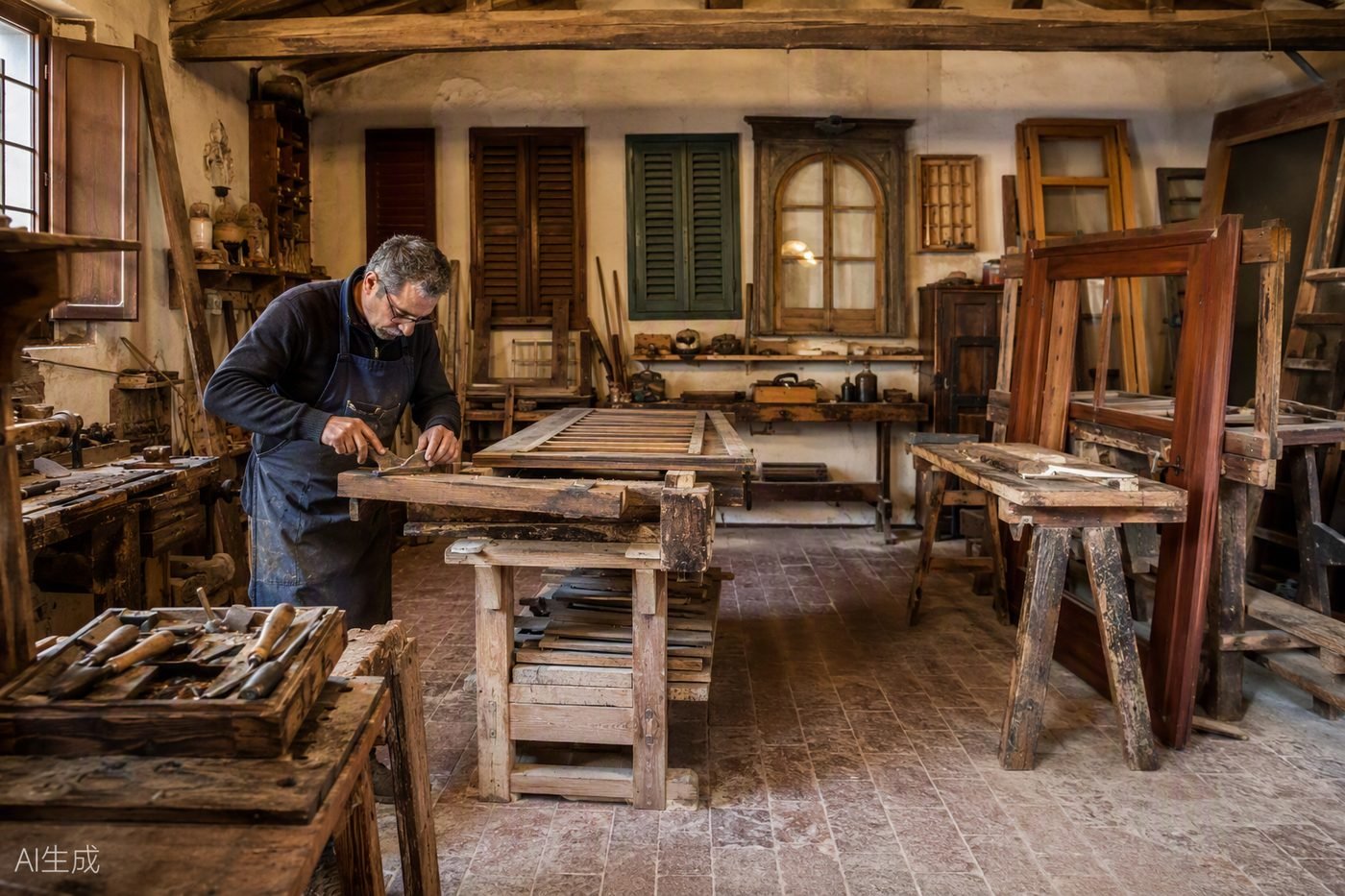 Il laboratorio di falegnameria di Restauro Persiane Bergamo: persiane in lavorazione